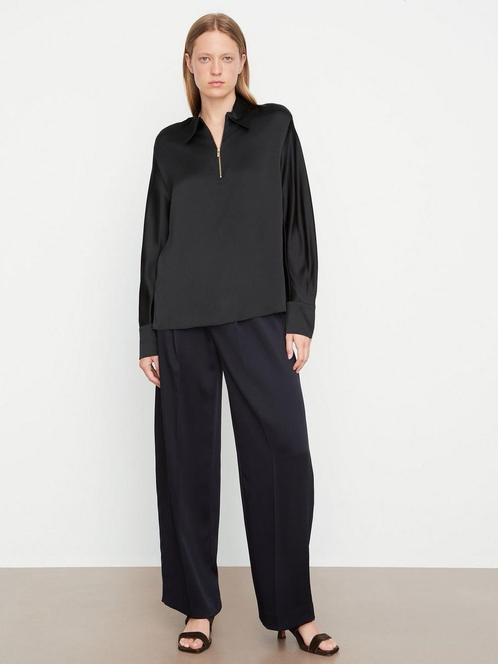 Vince 100% Silk Long Sleeve Zip Blouse Black XS NWT